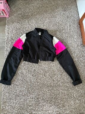 Balera Cropped Black Bomber Jacket with Pink & White Sleeve Accents
